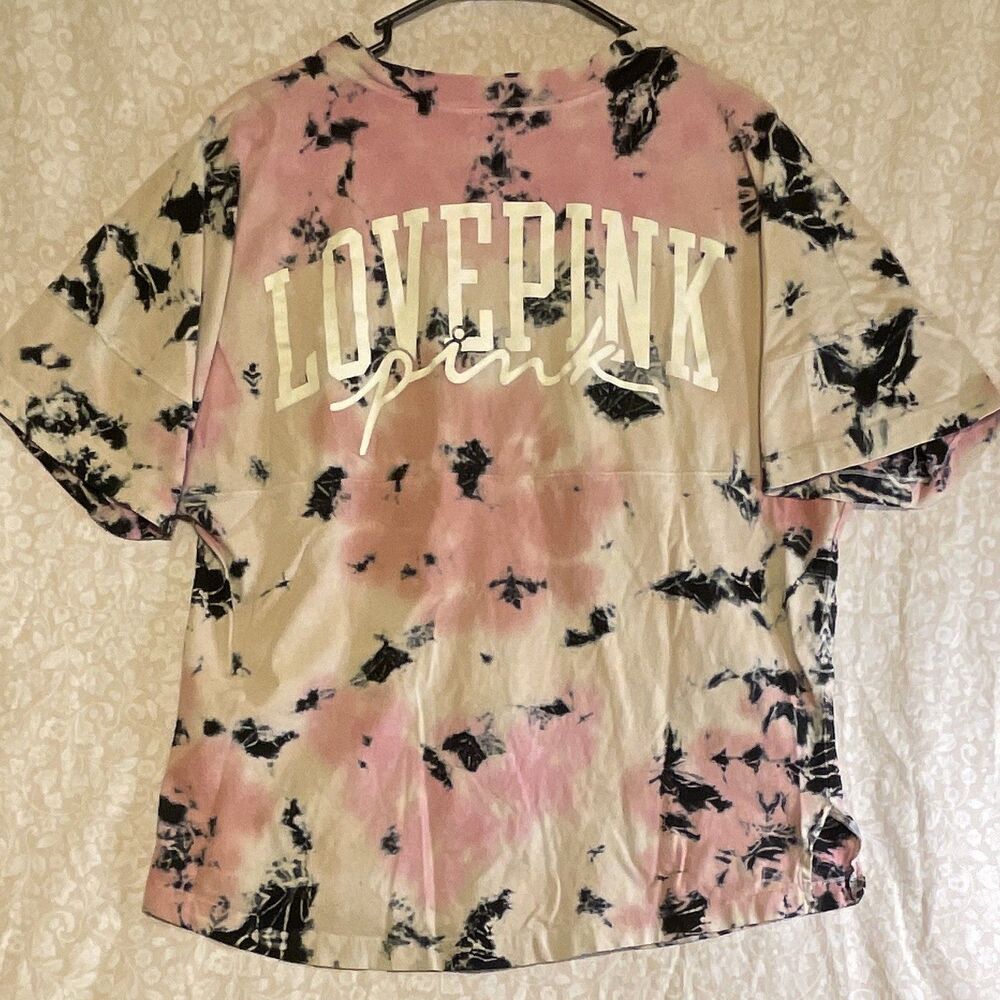 PINK Tie-Dye LOVE PINK Logo Knit Cotton Crew Neck Short Sleeve Tee Womens L